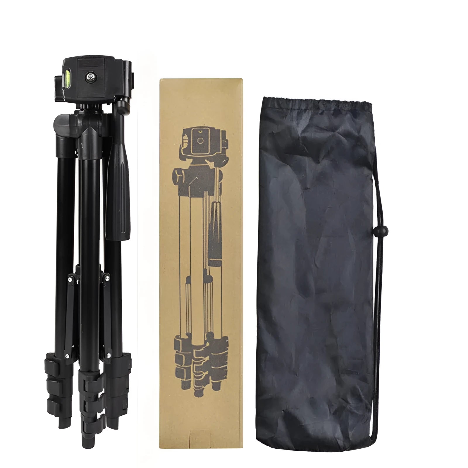 Black aluminium camera tripod with 3D head extended to maximum height