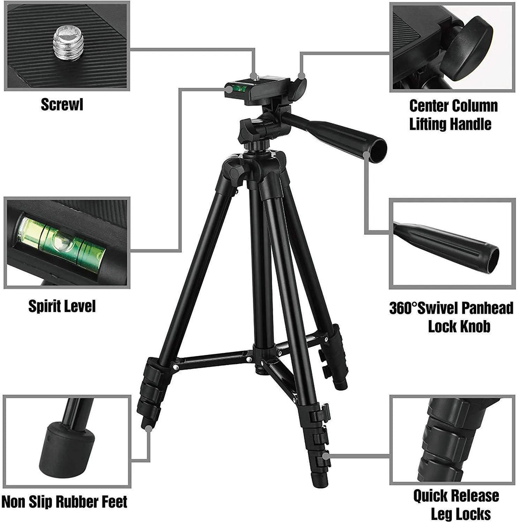 Black aluminium camera tripod with 3D head extended to maximum height