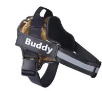 Personalised dog harness with custom name in camouflage blue nylon webbing, chest strap style, reflective stitching, size adjustable