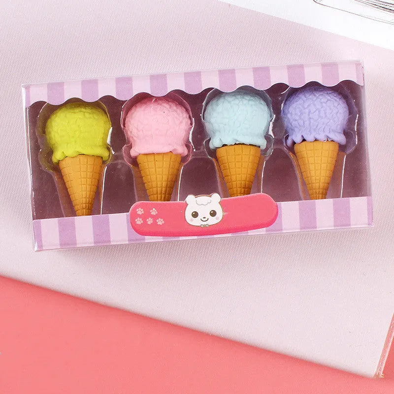 Set of 12 cartoon erasers with ice cream, donut, lollipop, and cone designs for children.