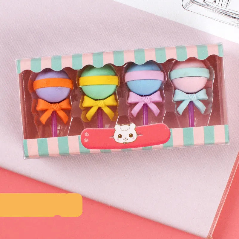 Set of 12 cartoon erasers with ice cream, donut, lollipop, and cone designs for children.