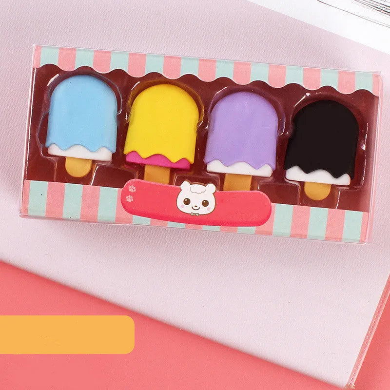 Set of 12 cartoon erasers with ice cream, donut, lollipop, and cone designs for children.