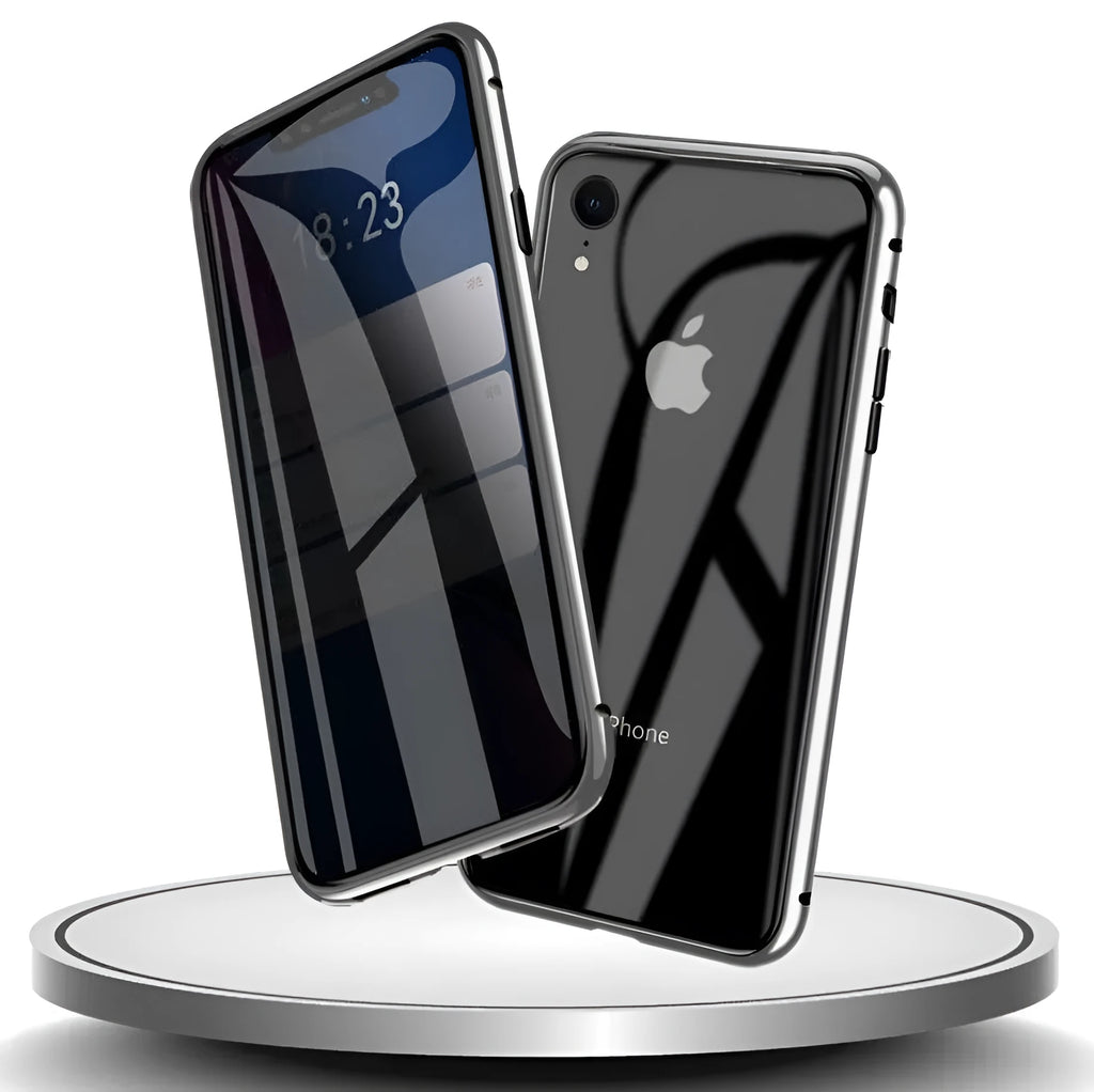 Glass anti-spy mobile phone case for iPhone with clamshell design and geometric pattern in multiple colours.