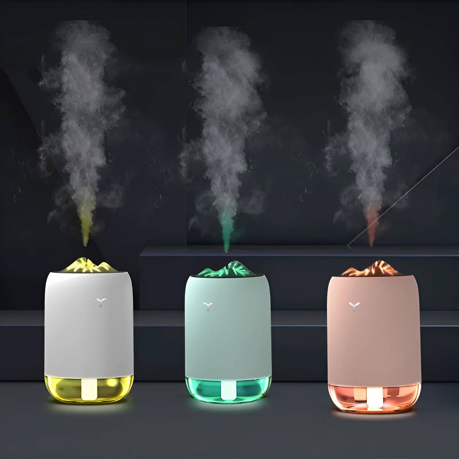Magic Flame columnar humidifier in light blue colour with USB cable for desktop placement