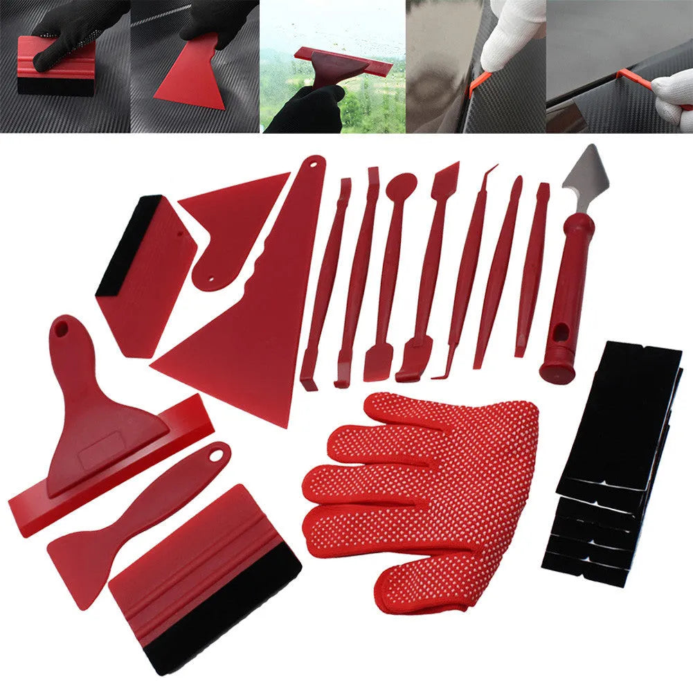 21-piece car filming tool kit with felt edge squeegee and safety vinyl cutter in red colour on white background
