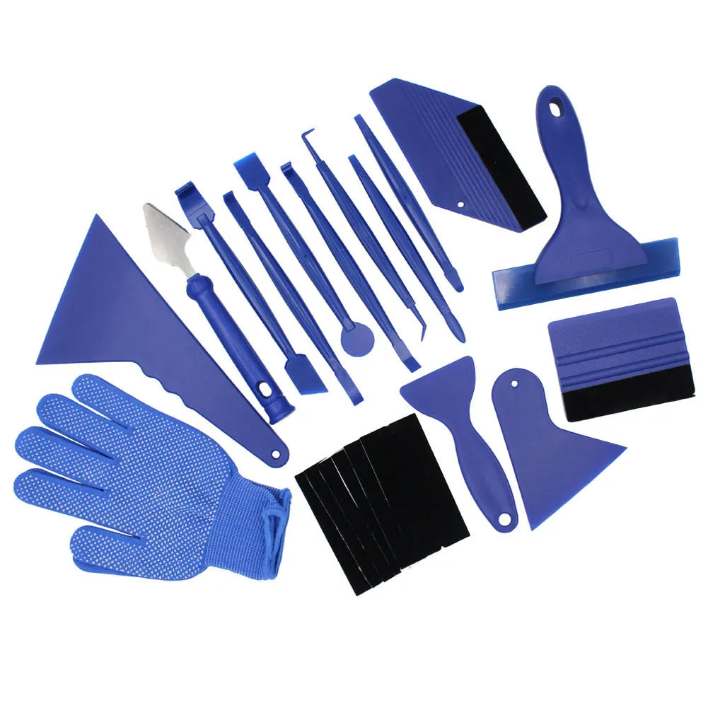 21-piece car filming tool kit with felt edge squeegee and safety vinyl cutter in red colour on white background