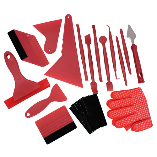 21-piece car filming tool kit with felt edge squeegee and safety vinyl cutter in red colour on white background