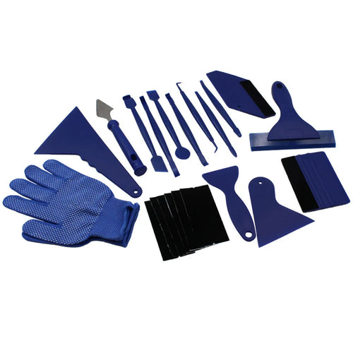 21-piece car filming tool kit with felt edge squeegee and safety vinyl cutter in red colour on white background