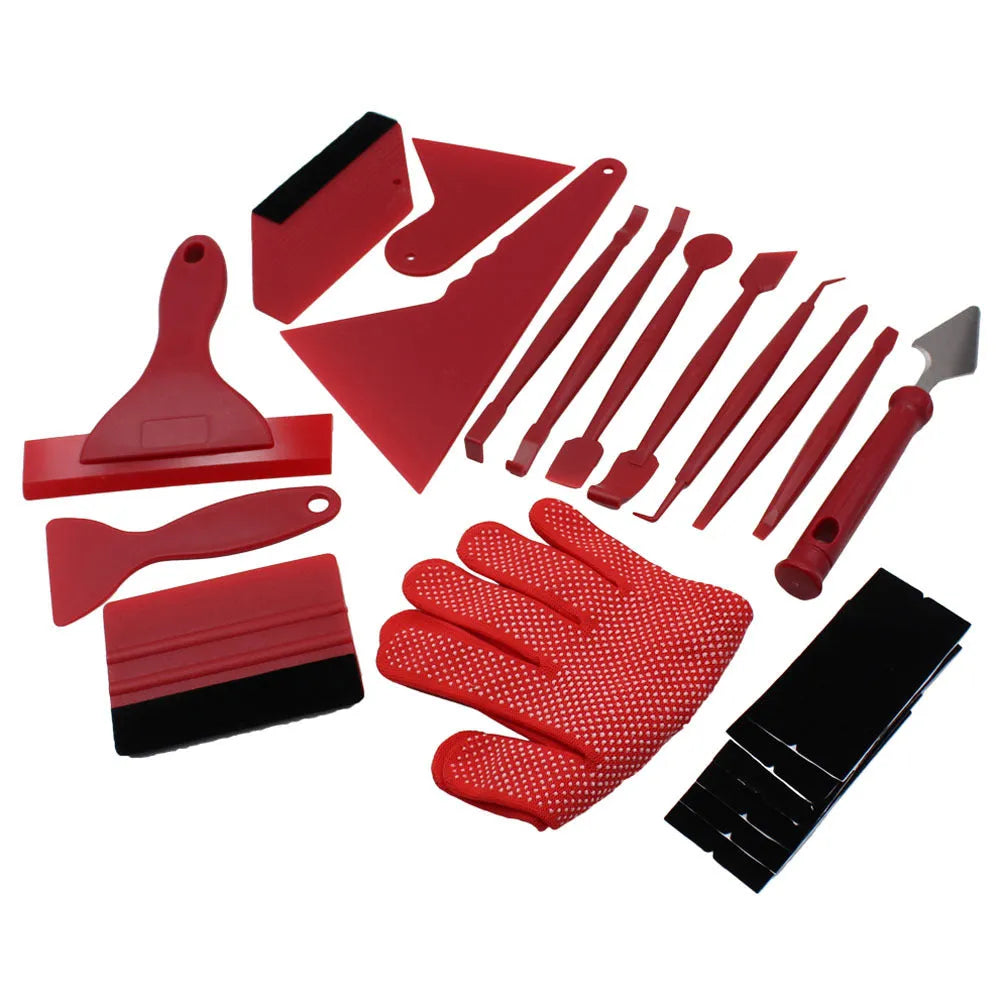 21-piece car filming tool kit with felt edge squeegee and safety vinyl cutter in red colour on white background
