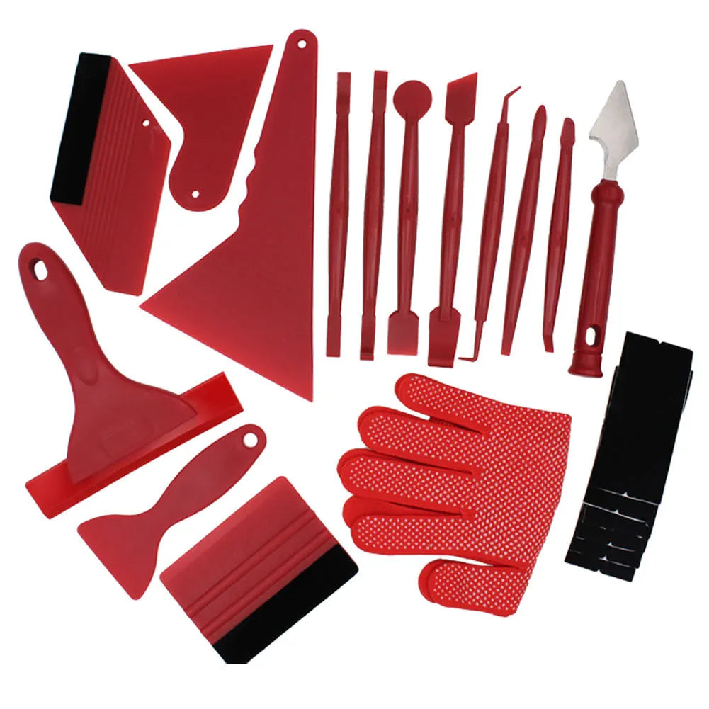 21-piece car filming tool kit with felt edge squeegee and safety vinyl cutter in red colour on white background