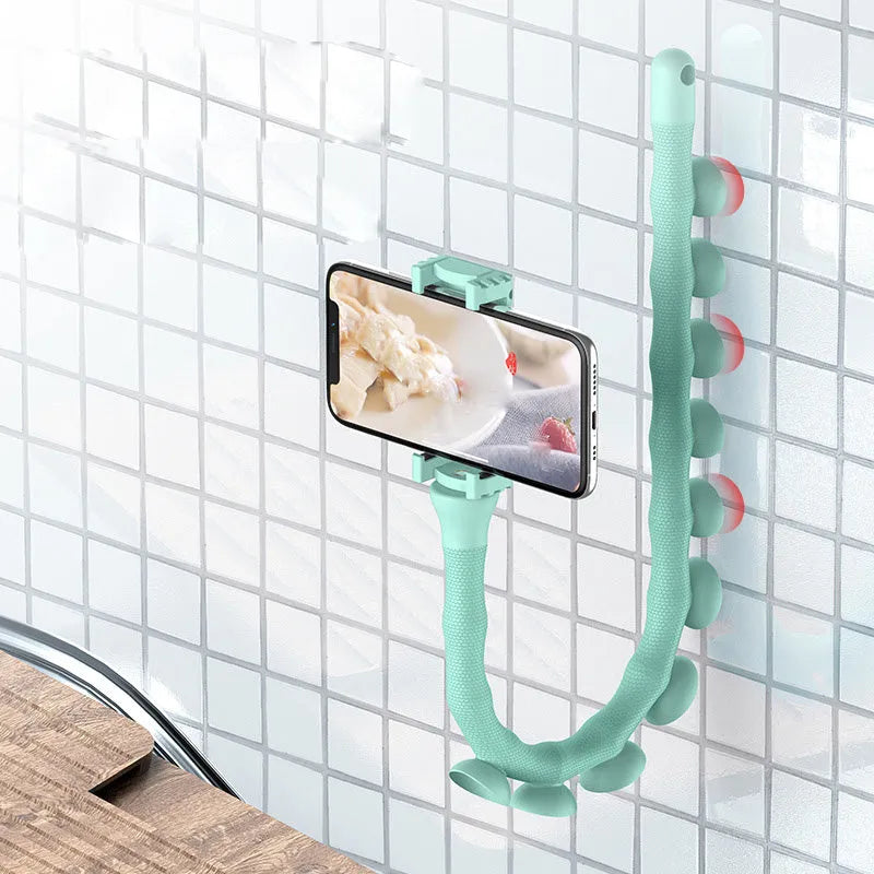Black flexible rubber phone holder with suction cup extended on a 62cm arm