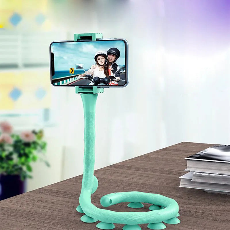 Black flexible rubber phone holder with suction cup extended on a 62cm arm