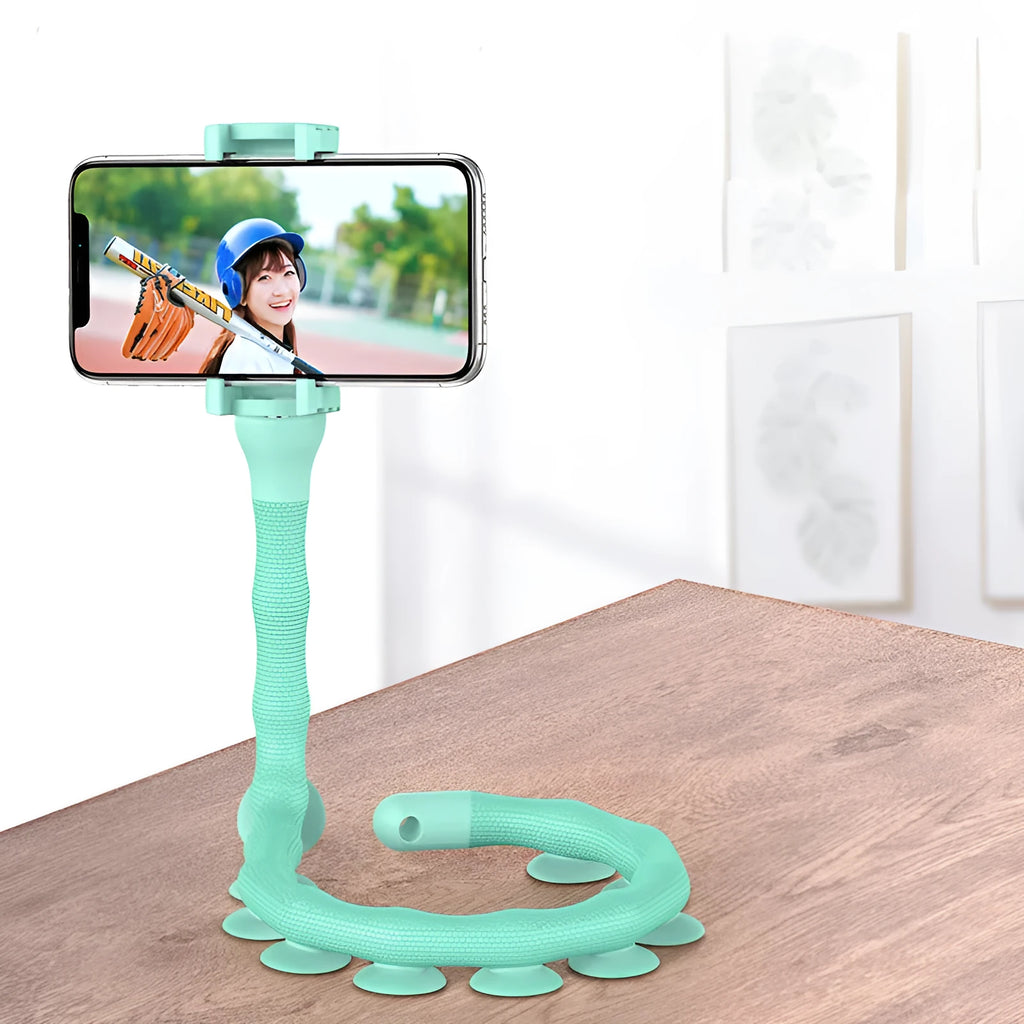 Black flexible rubber phone holder with suction cup extended on a 62cm arm