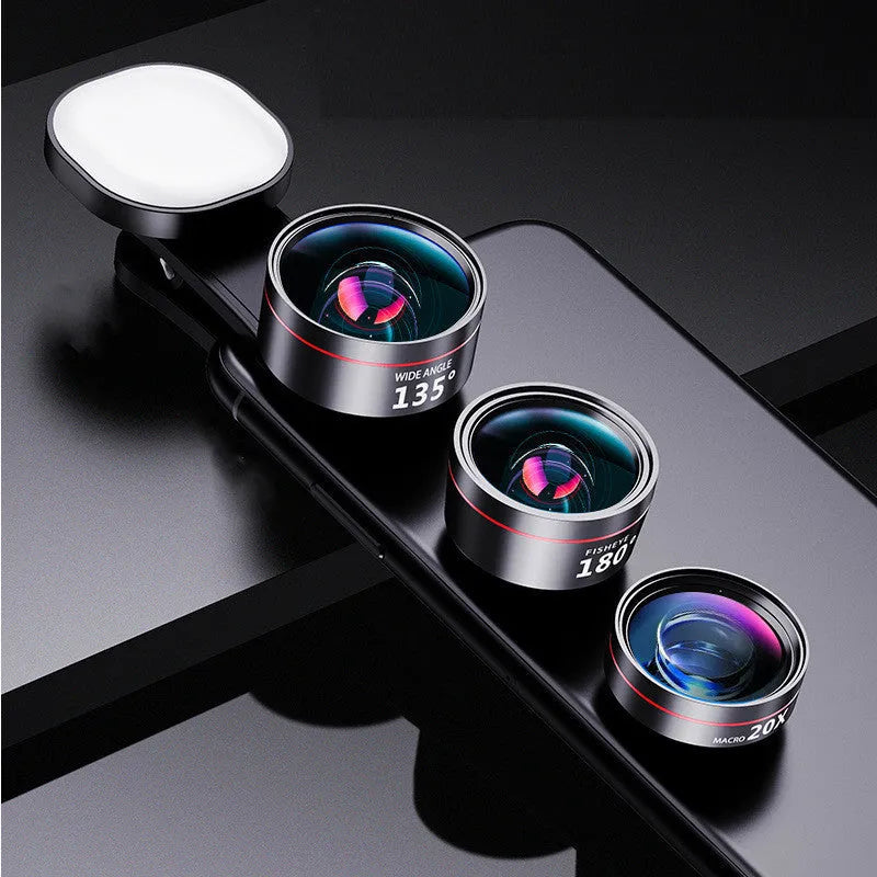 Universal smartphone camera fill light accessory with multiple lens attachments