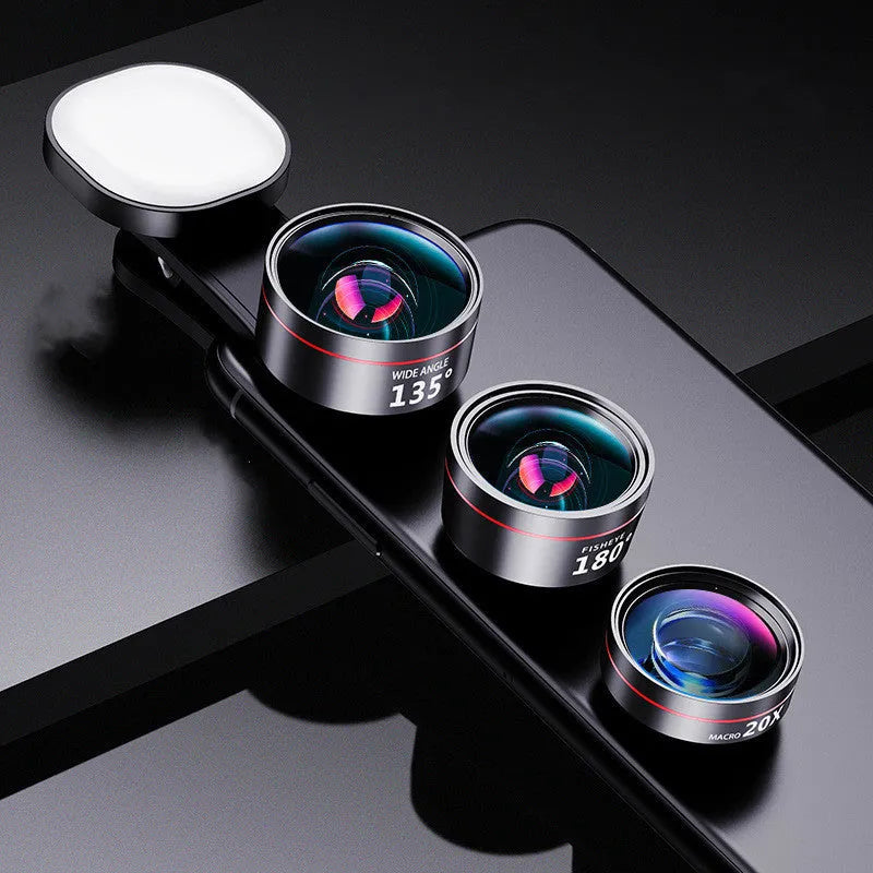Universal smartphone camera fill light accessory with multiple lens attachments