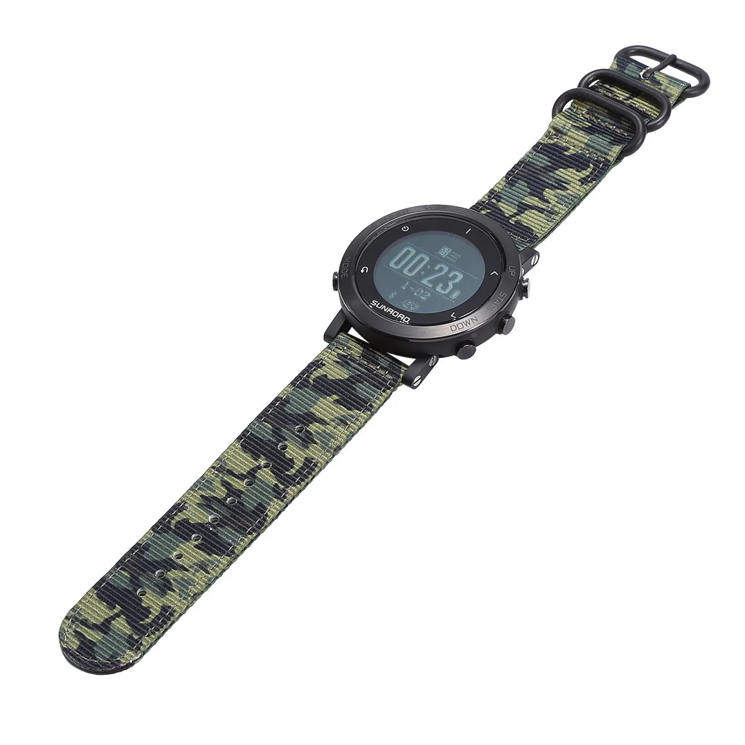 Smart sports watch with stainless steel bezel and black nylon strap on wrist, showing GPS tracking interface