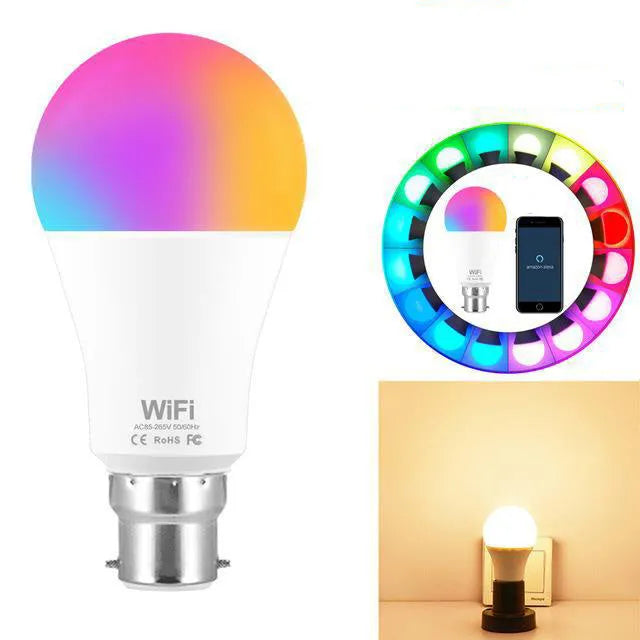 Smart LED light bulb with WiFi control showing RGB colour options and dimmable function