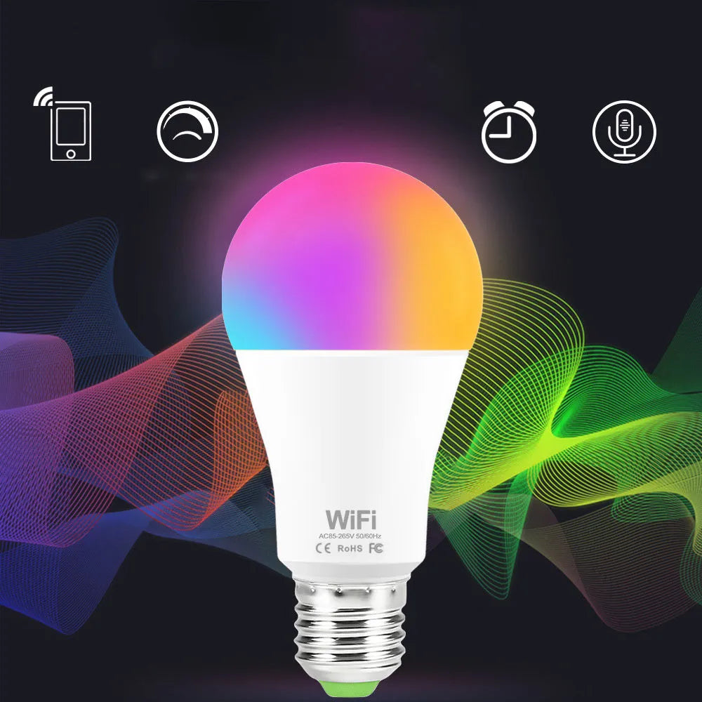 Smart LED light bulb with WiFi control showing RGB colour options and dimmable function
