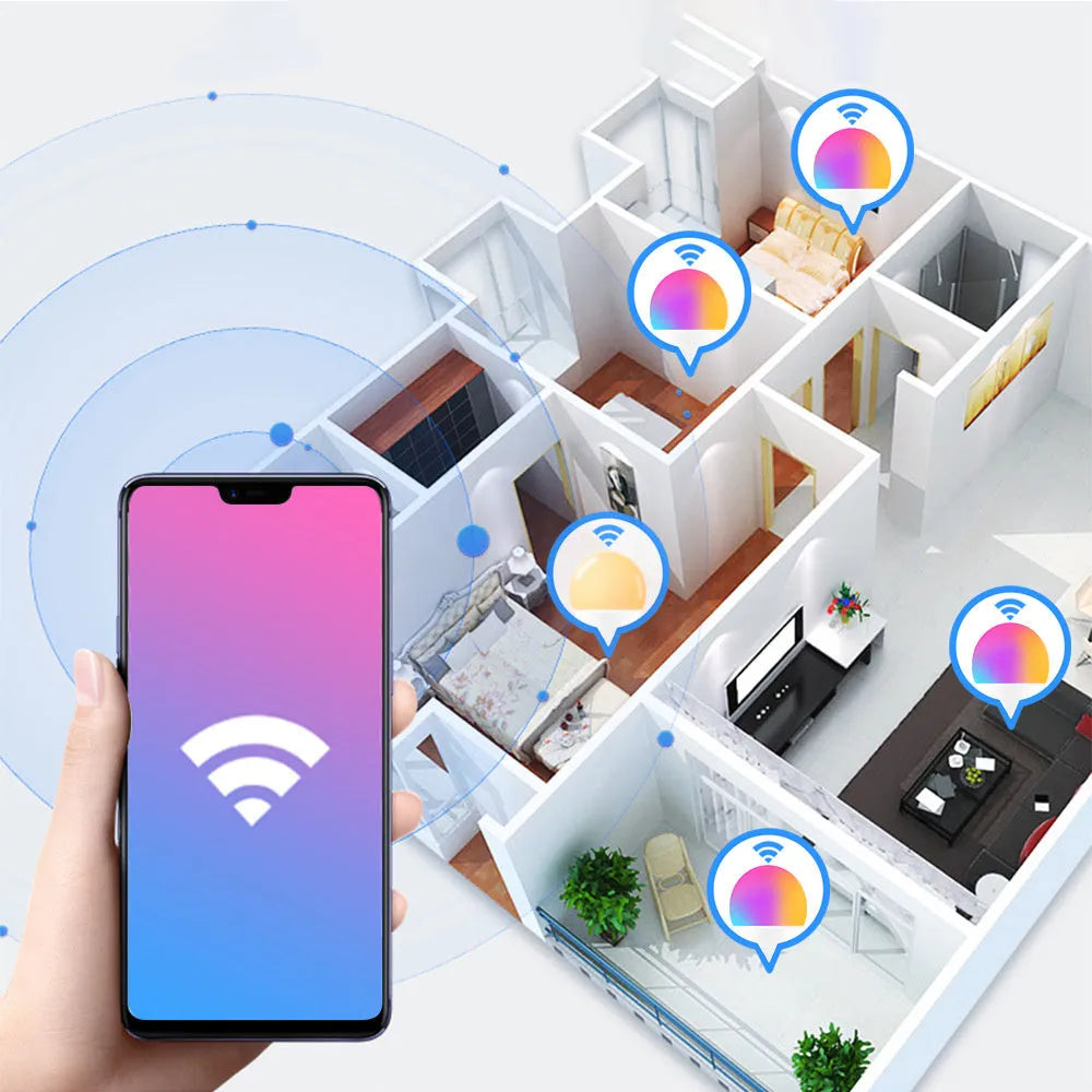 Smart LED light bulb with WiFi control showing RGB colour options and dimmable function