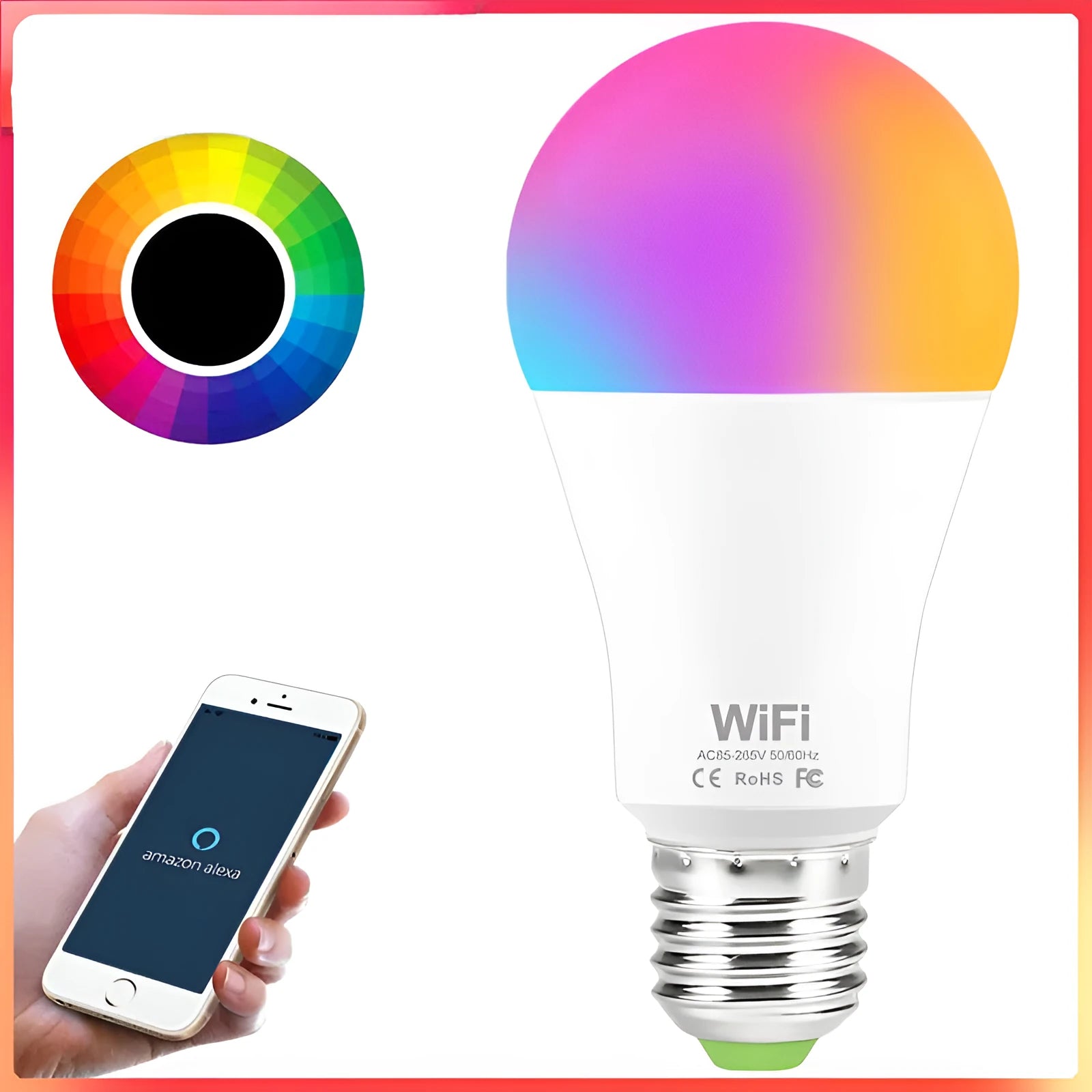 Smart LED light bulb with WiFi control showing RGB colour options and dimmable function