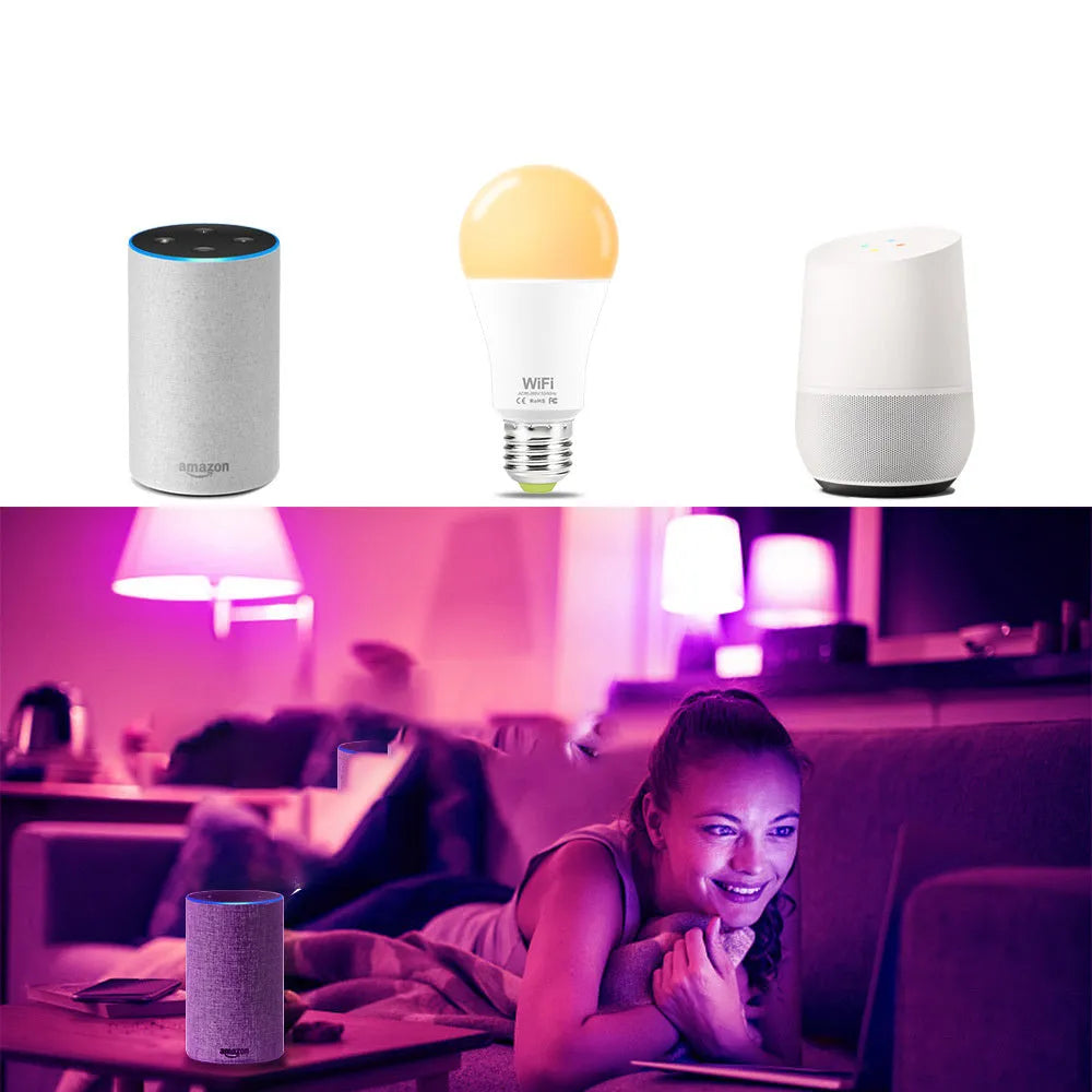 Smart LED light bulb with WiFi control showing RGB colour options and dimmable function