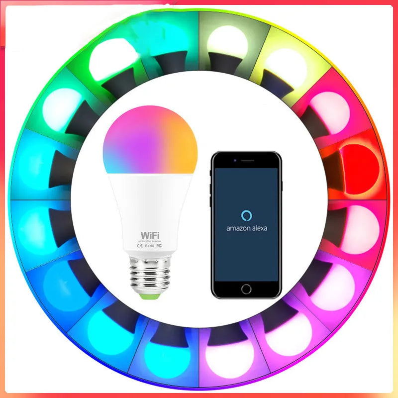 Smart LED light bulb with WiFi control showing RGB colour options and dimmable function