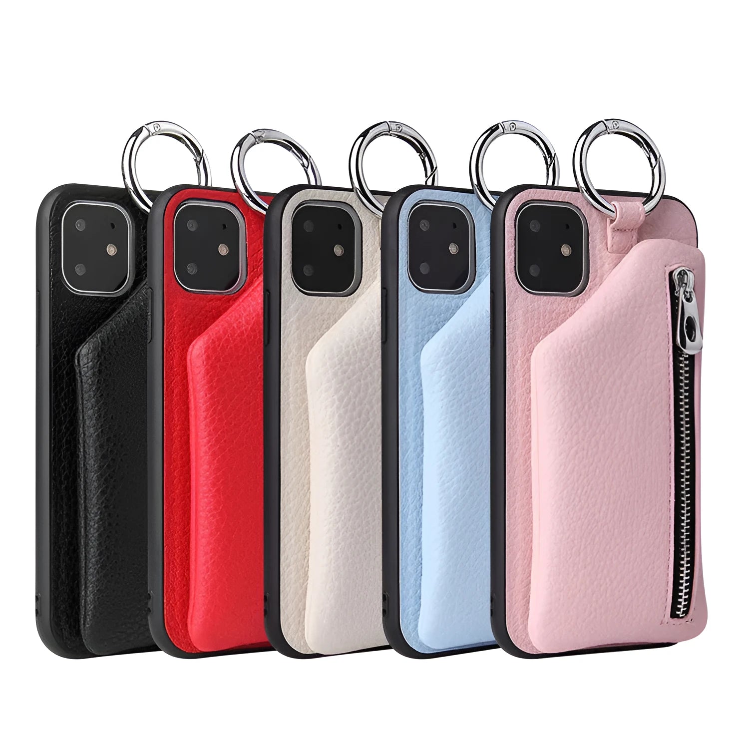 Pink imitation leather phone case with a black crossbody lanyard attached, shown next to a black shell-only version.