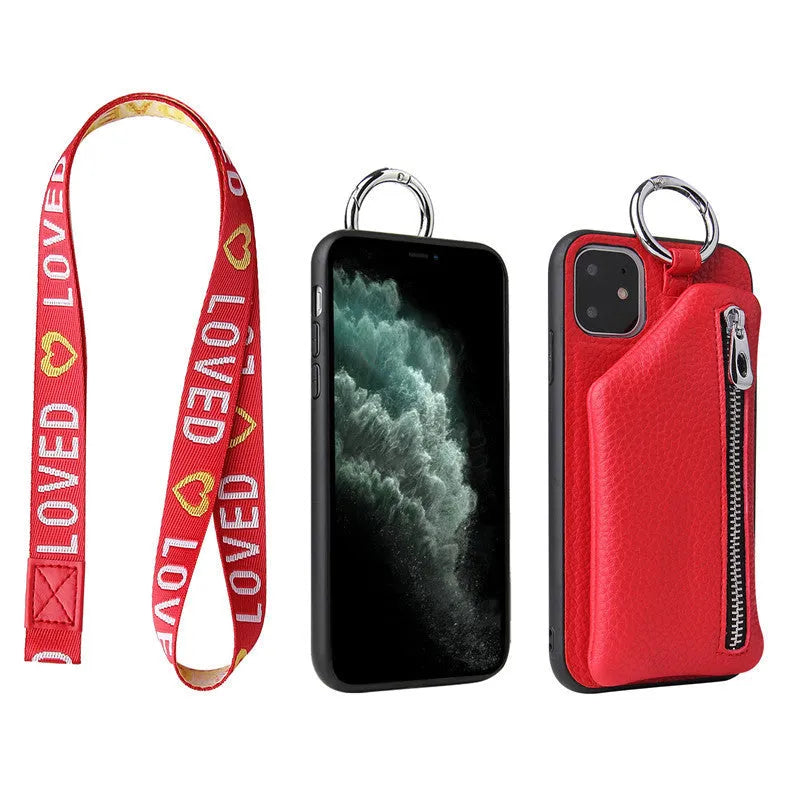 Pink imitation leather phone case with a black crossbody lanyard attached, shown next to a black shell-only version.