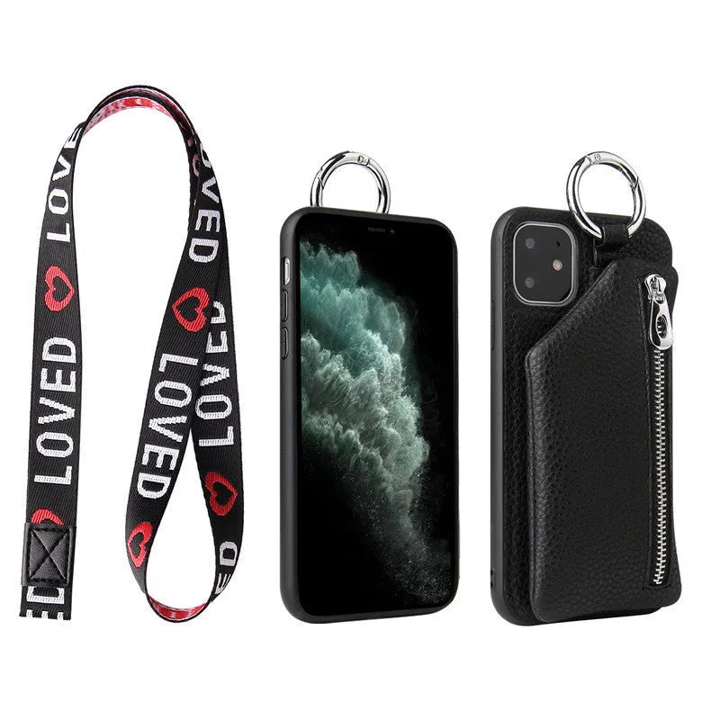 Pink imitation leather phone case with a black crossbody lanyard attached, shown next to a black shell-only version.