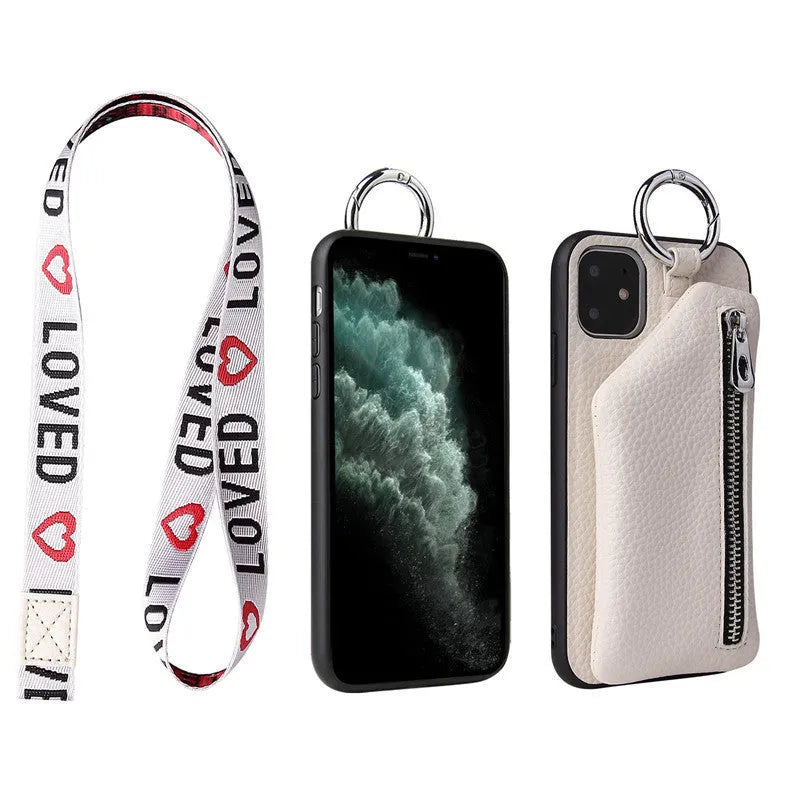 Pink imitation leather phone case with a black crossbody lanyard attached, shown next to a black shell-only version.