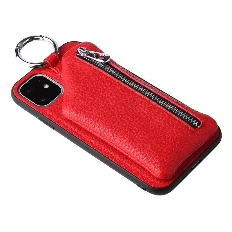 Pink imitation leather phone case with a black crossbody lanyard attached, shown next to a black shell-only version.
