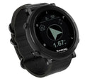 Smart sports watch with stainless steel bezel and black nylon strap on wrist, showing GPS tracking interface