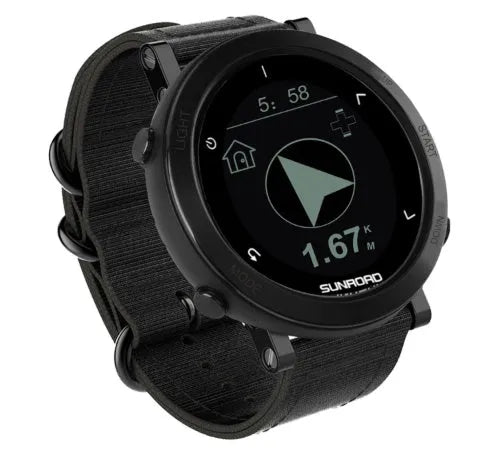 Smart sports watch with stainless steel bezel and black nylon strap on wrist, showing GPS tracking interface