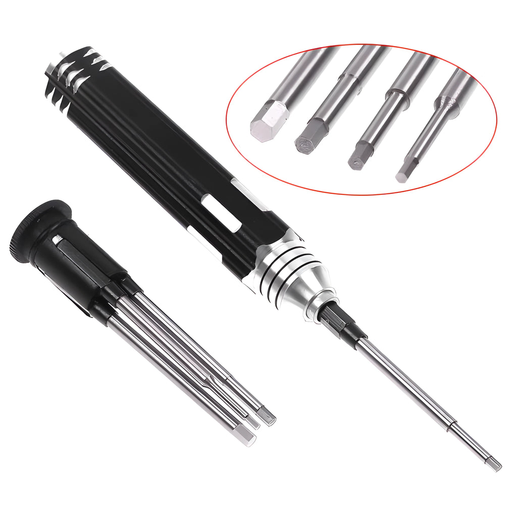Four hexagon socket screwdrivers with black aluminium and carbon steel handles, each with a different sized white steel hex bit, 1.5mm to 3.0mm