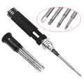 Four hexagon socket screwdrivers with black aluminium and carbon steel handles, each with a different sized white steel hex bit, 1.5mm to 3.0mm