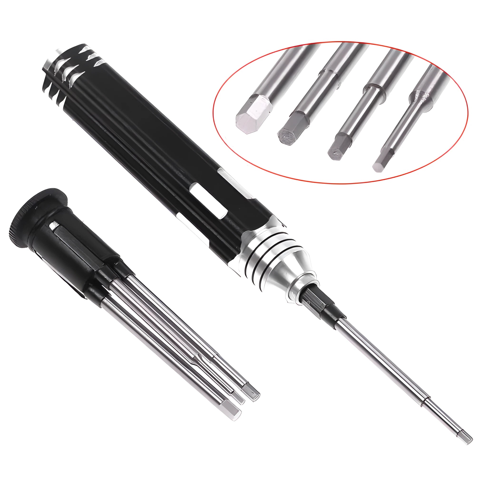 Four hexagon socket screwdrivers with black aluminium and carbon steel handles, each with a different sized white steel hex bit, 1.5mm to 3.0mm