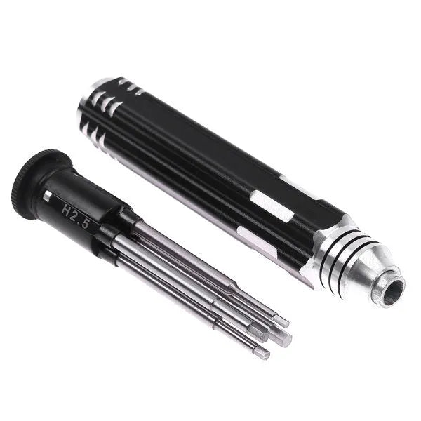 Four hexagon socket screwdrivers with black aluminium and carbon steel handles, each with a different sized white steel hex bit, 1.5mm to 3.0mm
