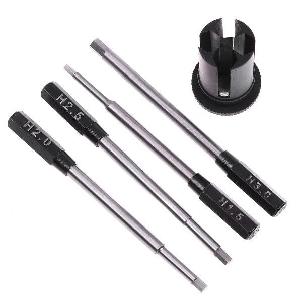 Four hexagon socket screwdrivers with black aluminium and carbon steel handles, each with a different sized white steel hex bit, 1.5mm to 3.0mm