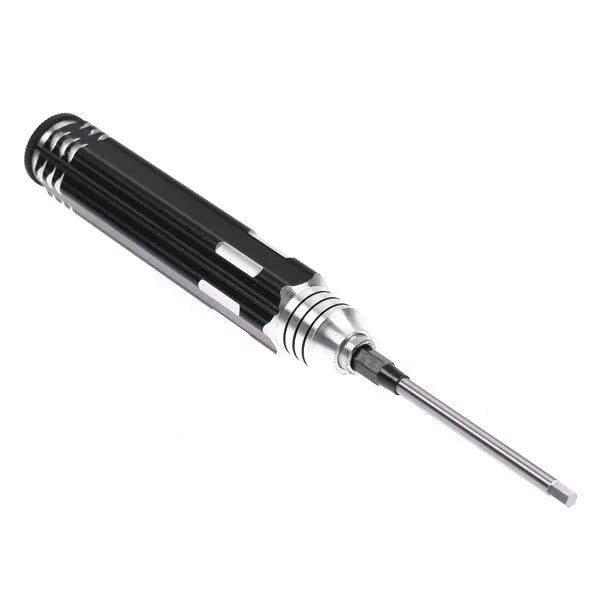 Four hexagon socket screwdrivers with black aluminium and carbon steel handles, each with a different sized white steel hex bit, 1.5mm to 3.0mm