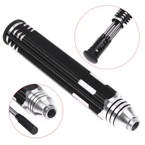 Four hexagon socket screwdrivers with black aluminium and carbon steel handles, each with a different sized white steel hex bit, 1.5mm to 3.0mm