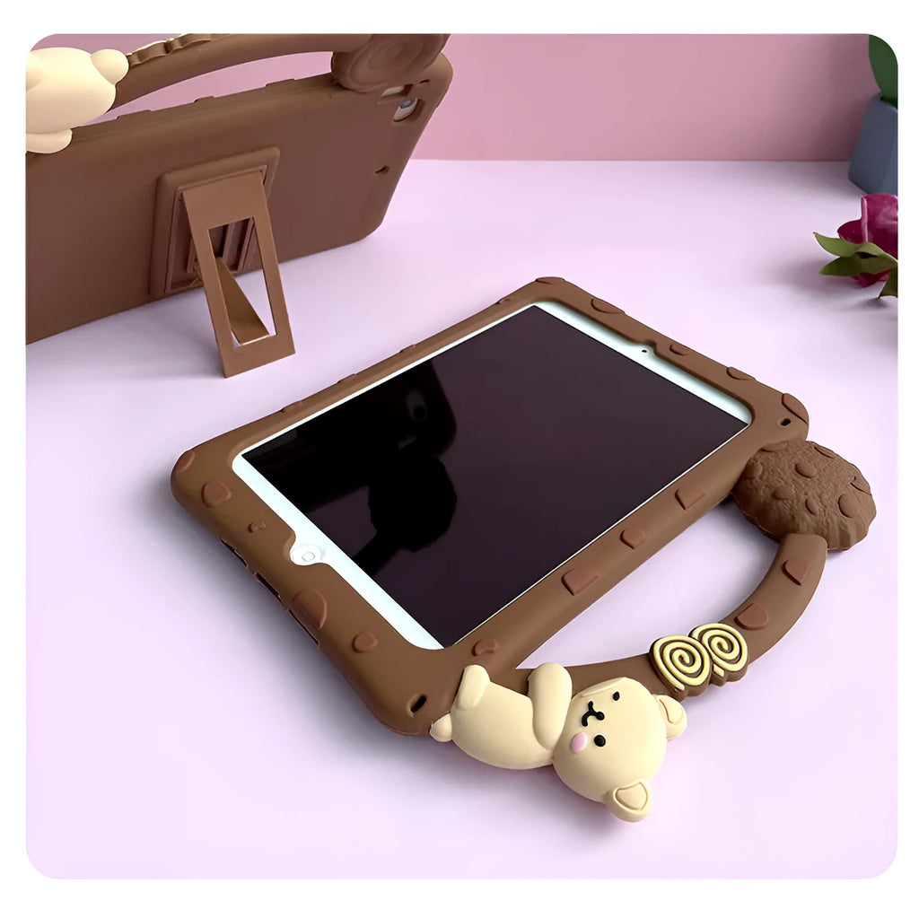 Brown cartoon silicone tablet sleeve with bracket portable design for iPad protection