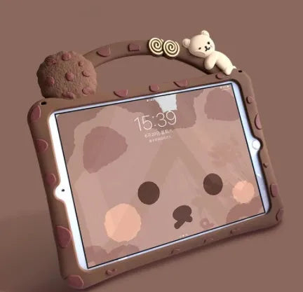 Brown cartoon silicone tablet sleeve with bracket portable design for iPad protection