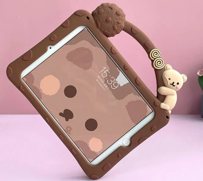 Brown cartoon silicone tablet sleeve with bracket portable design for iPad protection
