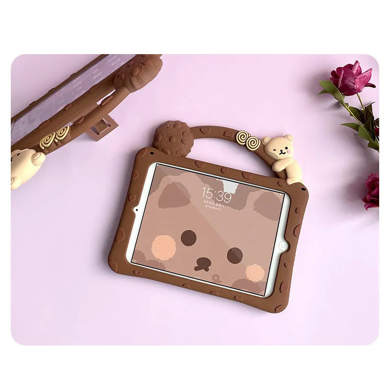 Brown cartoon silicone tablet sleeve with bracket portable design for iPad protection