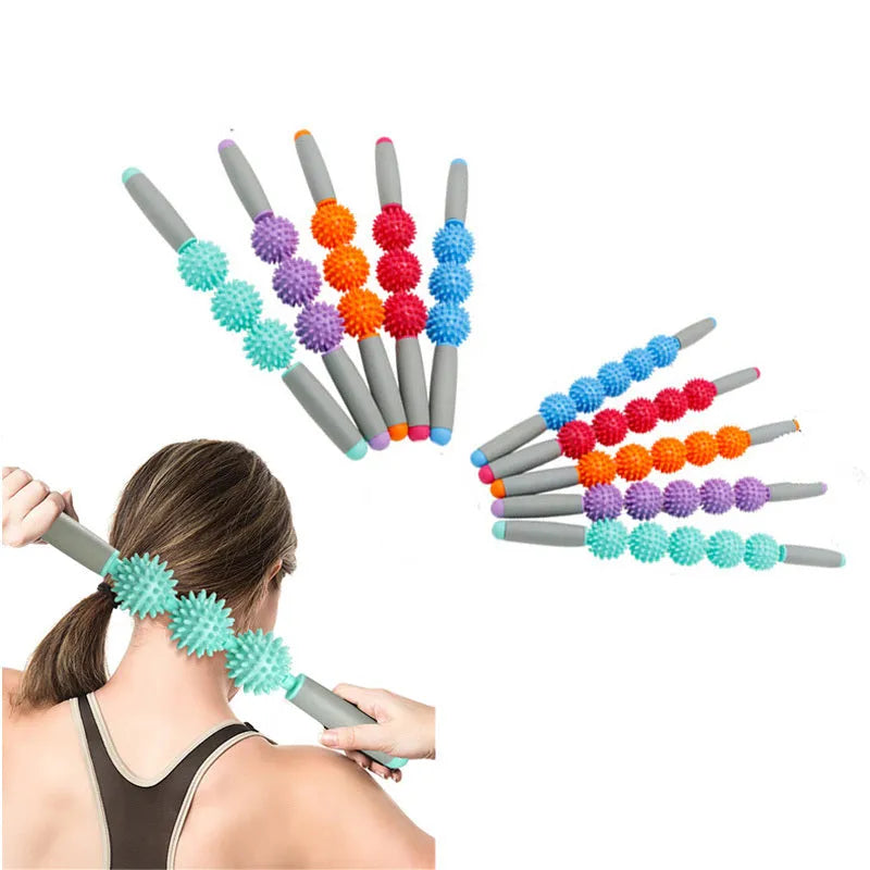 Anti cellulite massager stick with hedgehog-shaped balls and green padded ergonomic handles on a white background