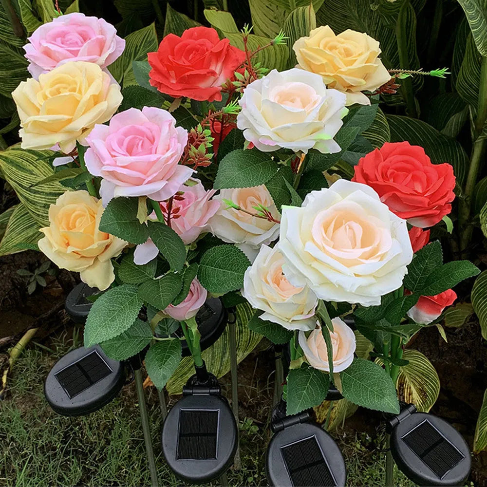 Solar rose 3-head garden ground plug lamp with 80cm stainless steel stem and silk cloth petals on lawn