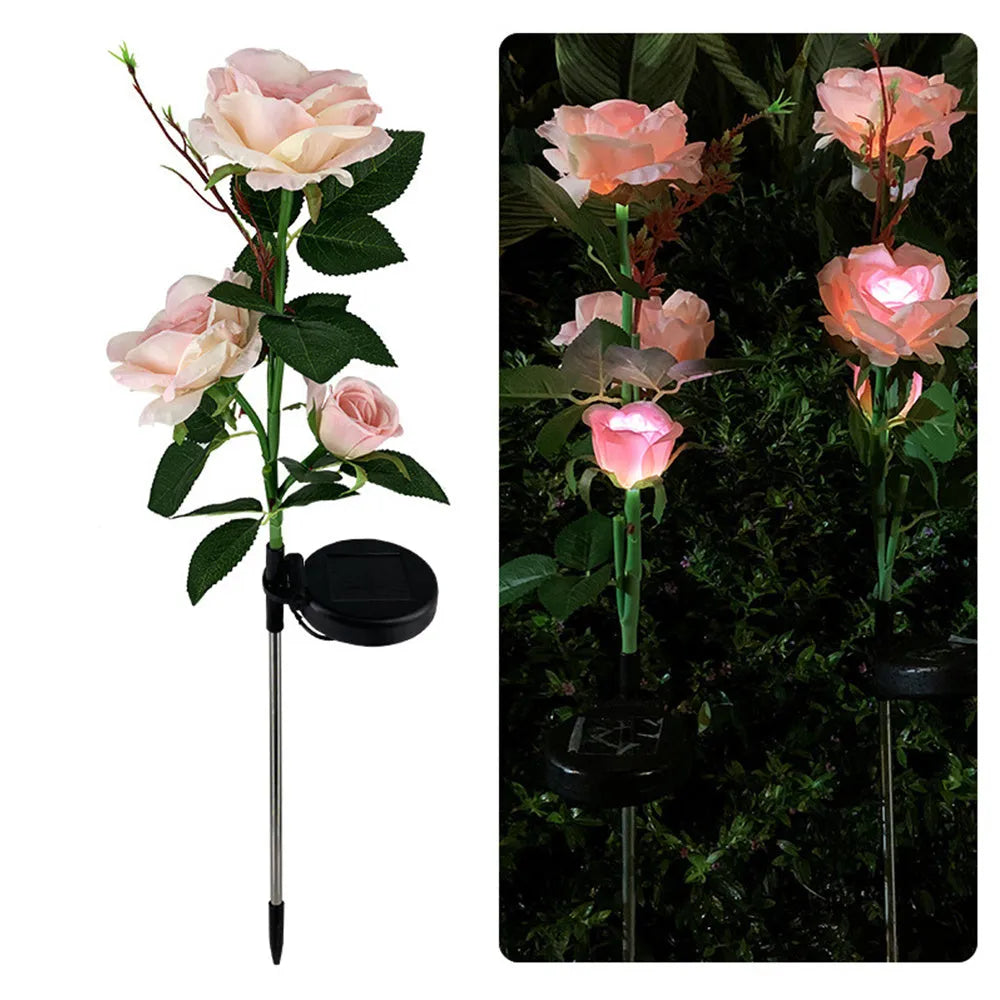 Solar rose 3-head garden ground plug lamp with 80cm stainless steel stem and silk cloth petals on lawn