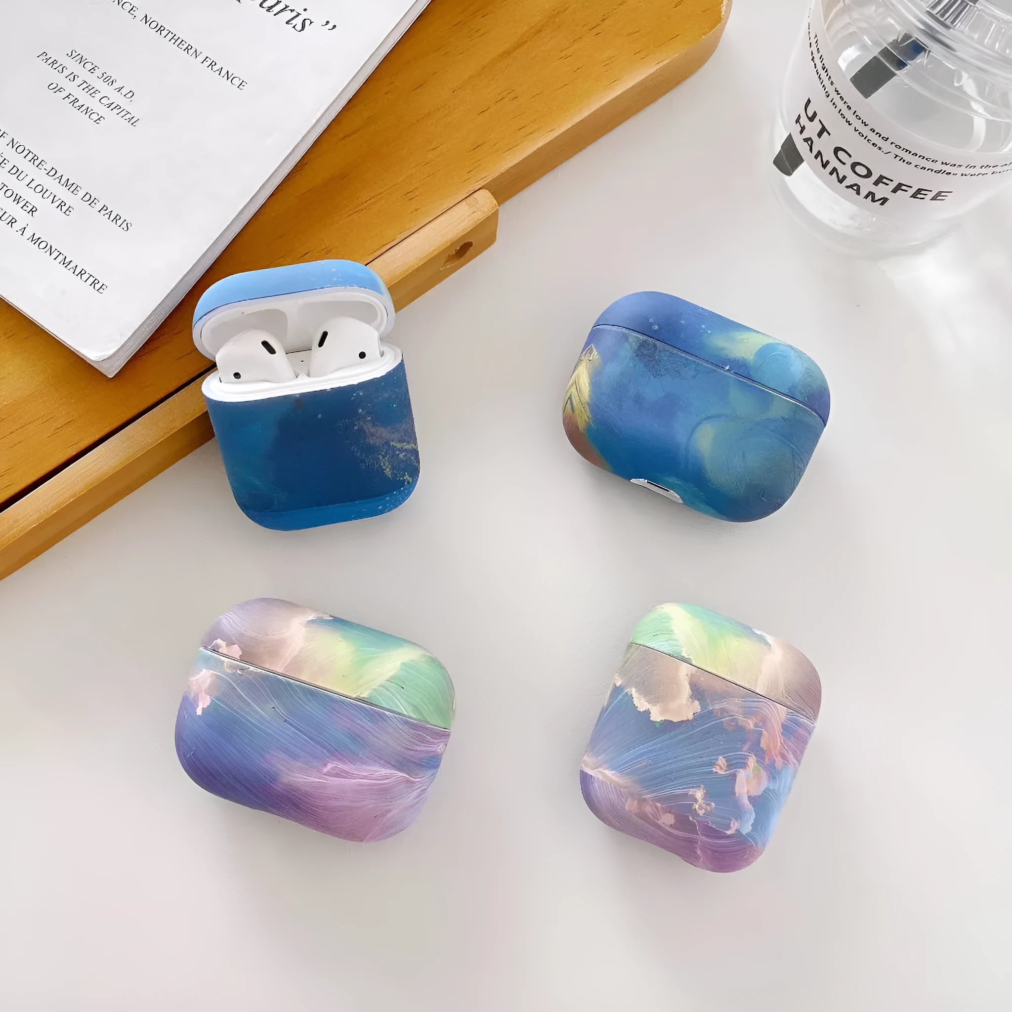 Pink and blue watercolour design hard plastic case for Apple AirPods Pro and AirPods 1/2 charging case.