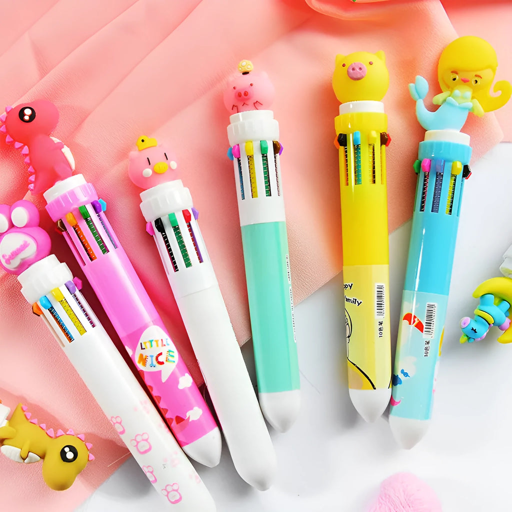 Girly heart cartoon multicolor press ballpoint pen with telescopic plastic design and 0.5mm tip