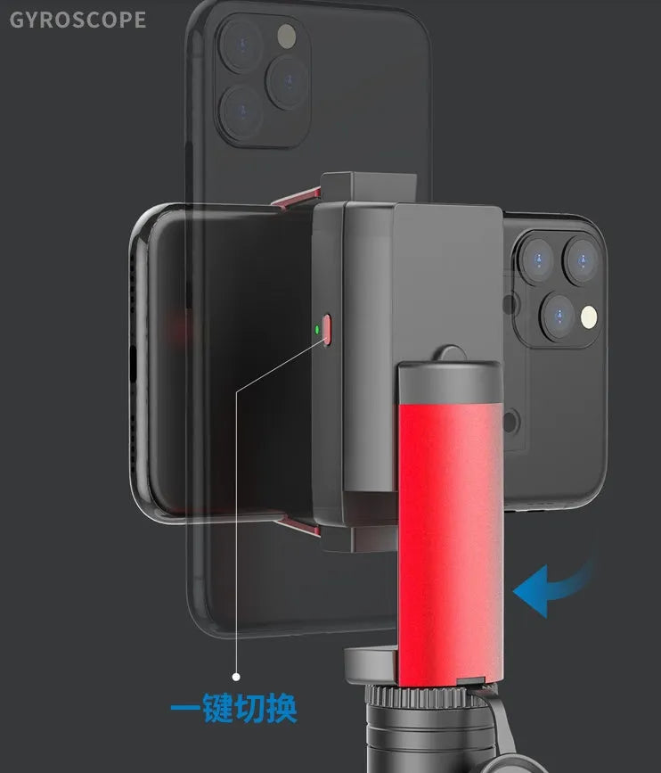 Black aluminium video stabiliser tripod extended with a mobile phone secured in the clamp.